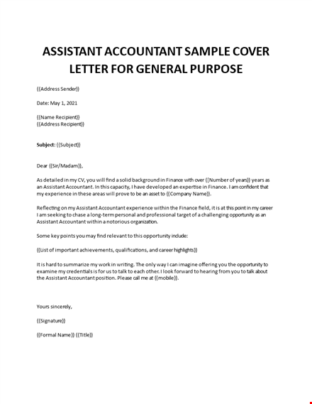 assistant accountant sample cover letter  template