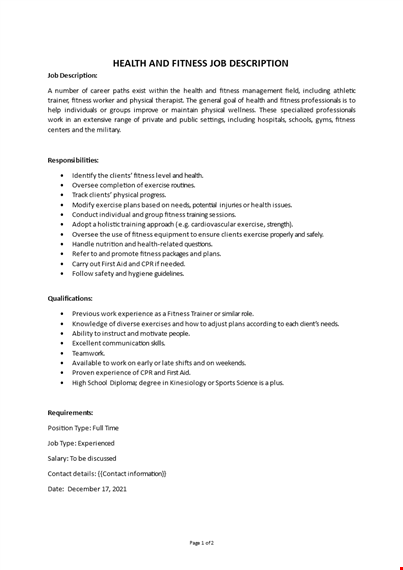 health and fitness job description template