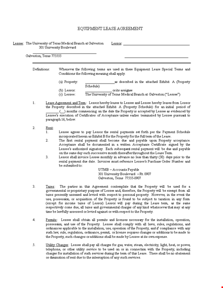 equipment lease agreement - create a binding contract for lessee and lessor leasing property template
