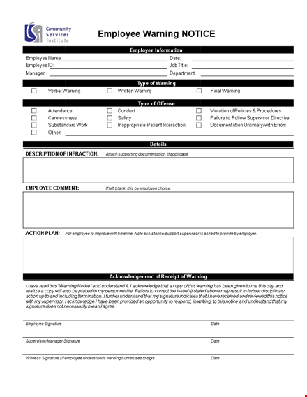 employee warning notice - document for employee warning | company name template