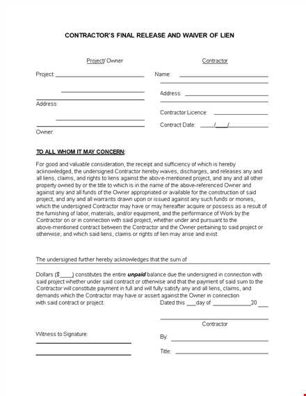 contractor lien release form template