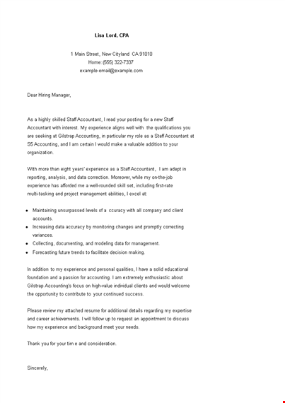 staff accountant job application letter template