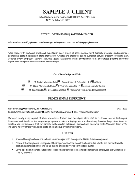 retail operations manager resume template