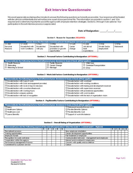 exit interview template for explaining optional sections and dissatisfaction template