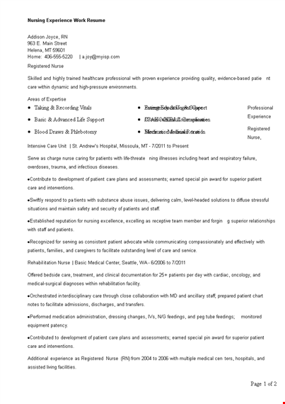 nursing experience work resume template