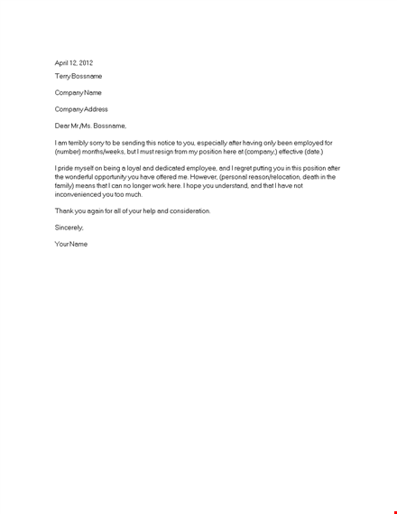 short employment resignation letter template