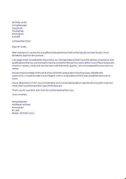 example of job application letter for chef template