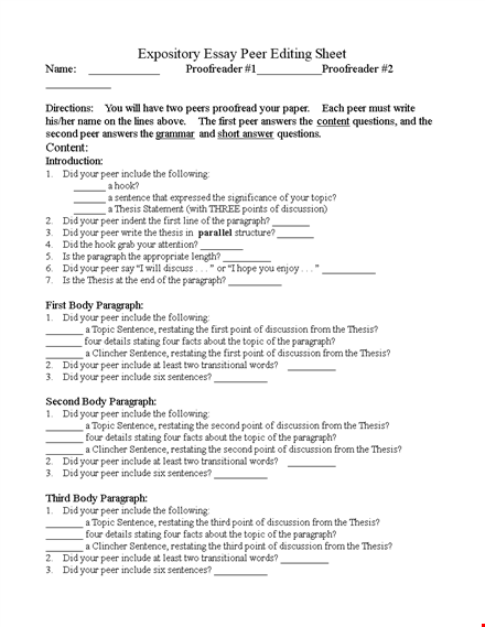 expository essay peer editing sheet template