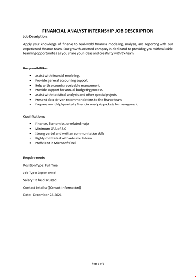 financial analyst internship job description template