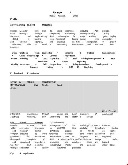 construction project manager resume template