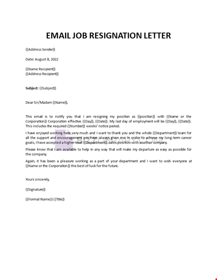 email job resignation template template