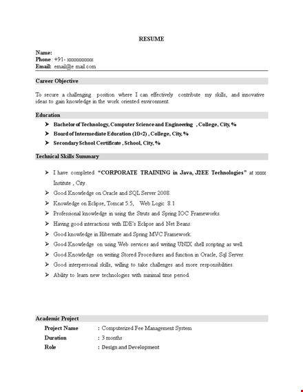 fresher core java resume template