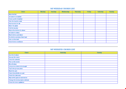 chore chart template - organize dinner chores & more template