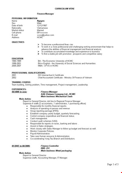 senior finance manager resume template