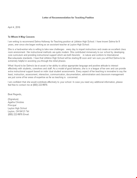 generic letter of recommendation for teacher - school & teaching template