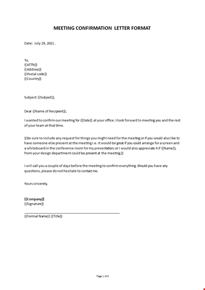 meeting confirmation letter sample template