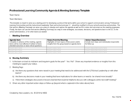 professional learning community agenda template