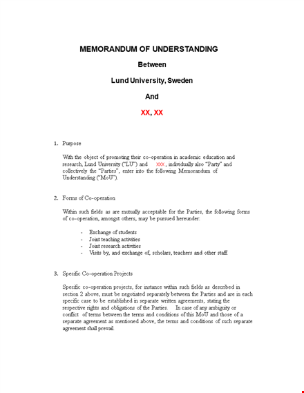 university operation: memorandum of understanding between parties template