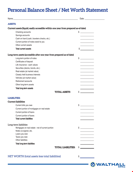 sample personal balance sheet: calculate total liabilities and assets template