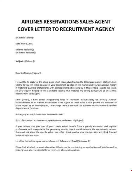 cover letter reservation agent template