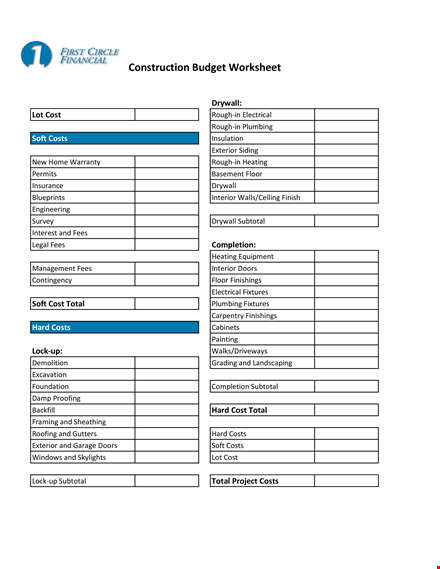 home construction budget worksheet - track and control costs for drywall template