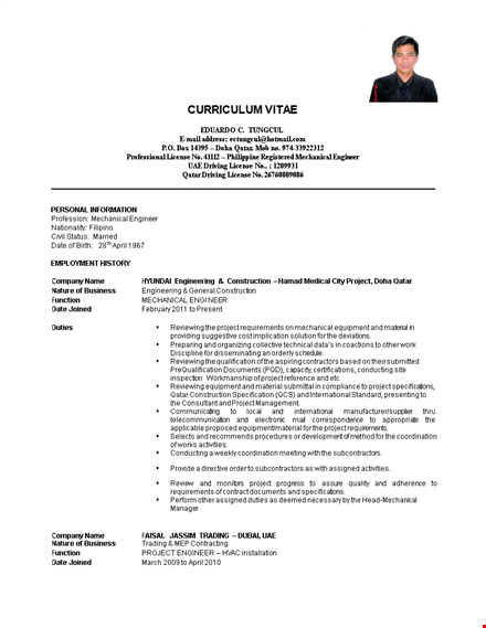 sales curriculum vitae - project company equipment system philippines template