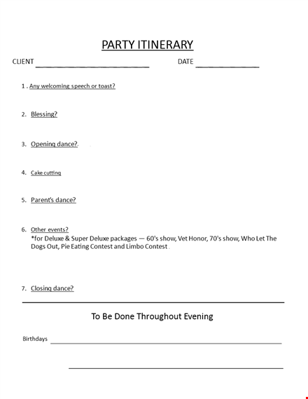 deluxe party itinerary example: party, dance contest & more! template