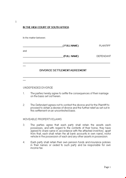 divorce agreement | property, party names & more | defendant insert template
