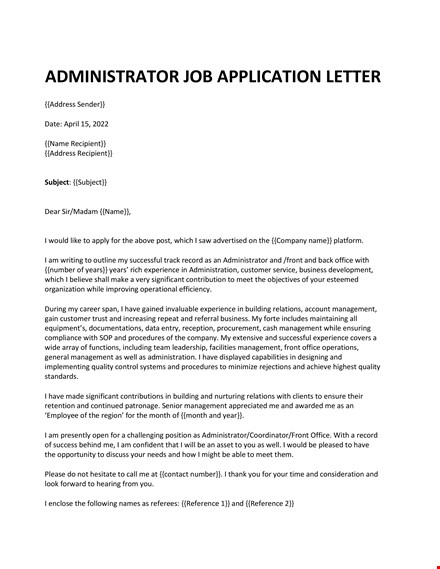administrator job application letter template