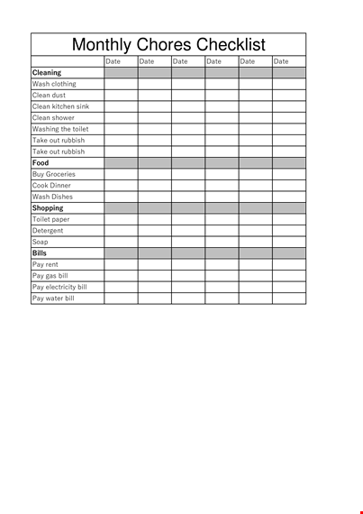 monthly chore checklist template template