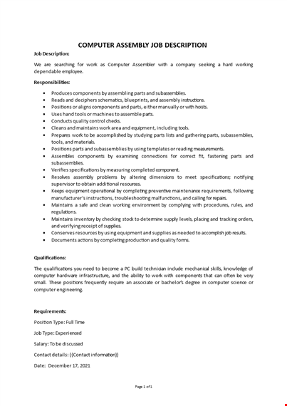 it assembly job description template