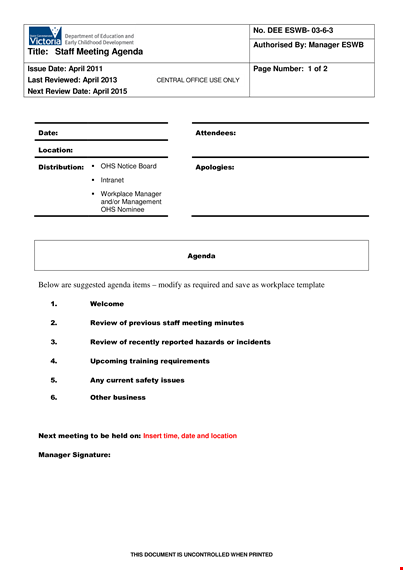 april staff meeting agenda example - manager's meeting with focus on efficient communication template