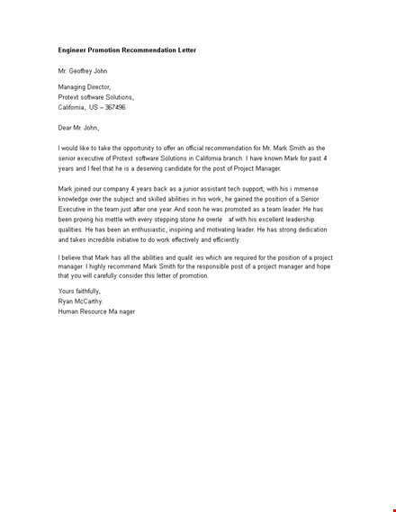 engineer promotion recommendation letter template