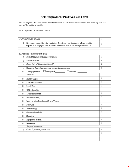 self employment profit & loss form | business balance for months | gross template