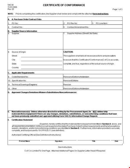 certificate of conformance | supplier | enter required details template