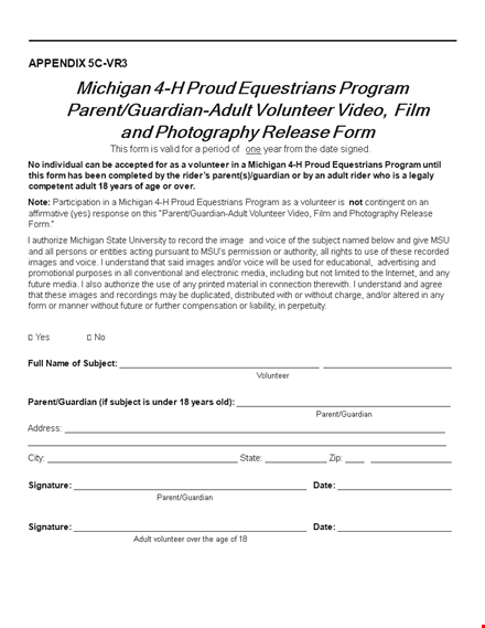 photo release form for parents, guardians, and adult volunteers in michigan template