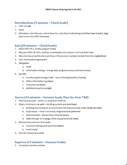 house party agenda: contractor, audit, minutes, leads template