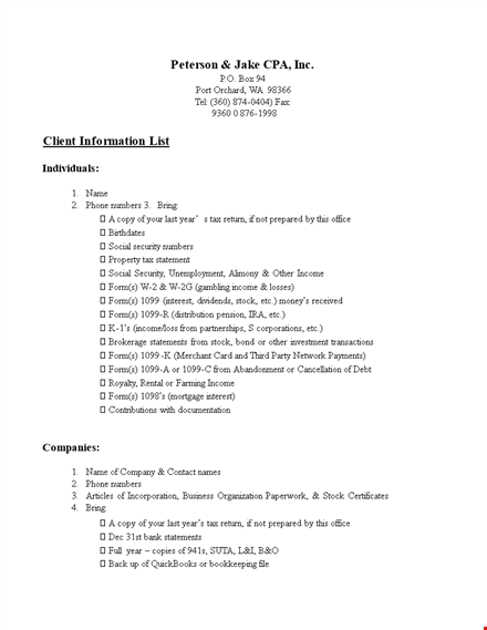 client information list template template