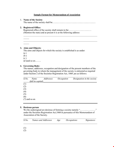 memorandum of association format template