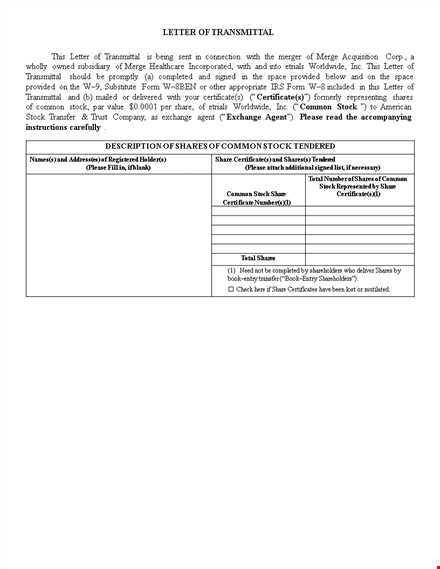 official letter of transmittal template for agents - exchange certificates template