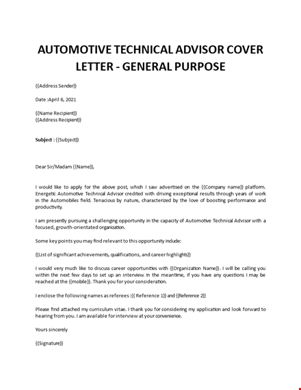 technical advisor cover letter  template