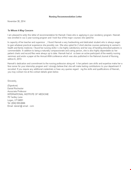 nursing faculty recommendation letter template