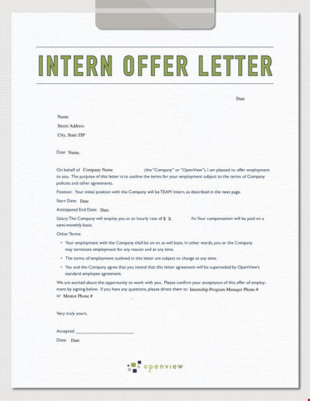 sample marketing internship offer letter | company employment template