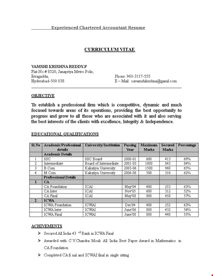 experienced chartered accountant resume template