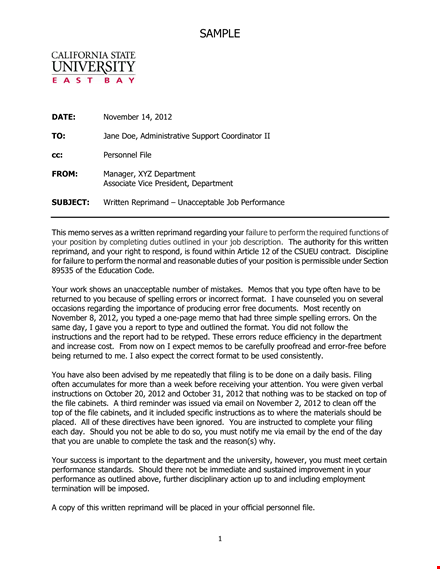 unacceptable job performance written reprimand example template