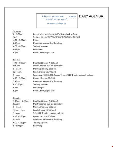 daily residential camp agenda template