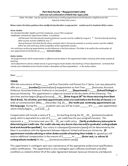 part time faculty appointment letter template