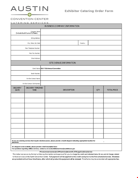exhibitor catering order template