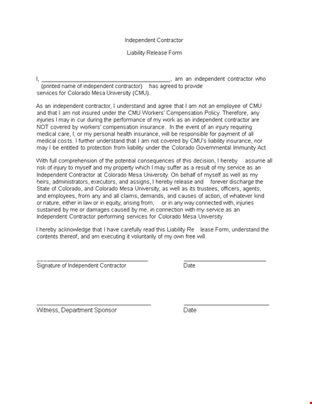 independent contractor release of liability form template