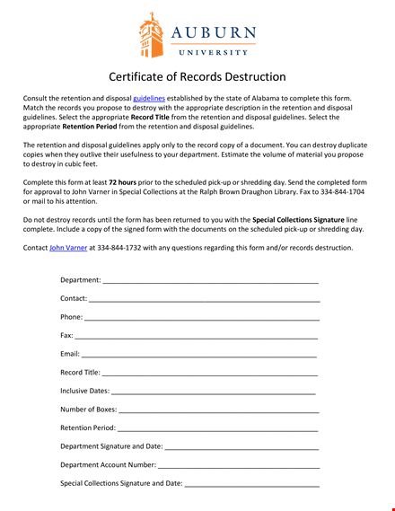 certificate of records destruction guidelines: retention, disposal template